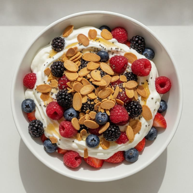 Greek Yogurt Protein Parfait with Mixed Berries and Almonds