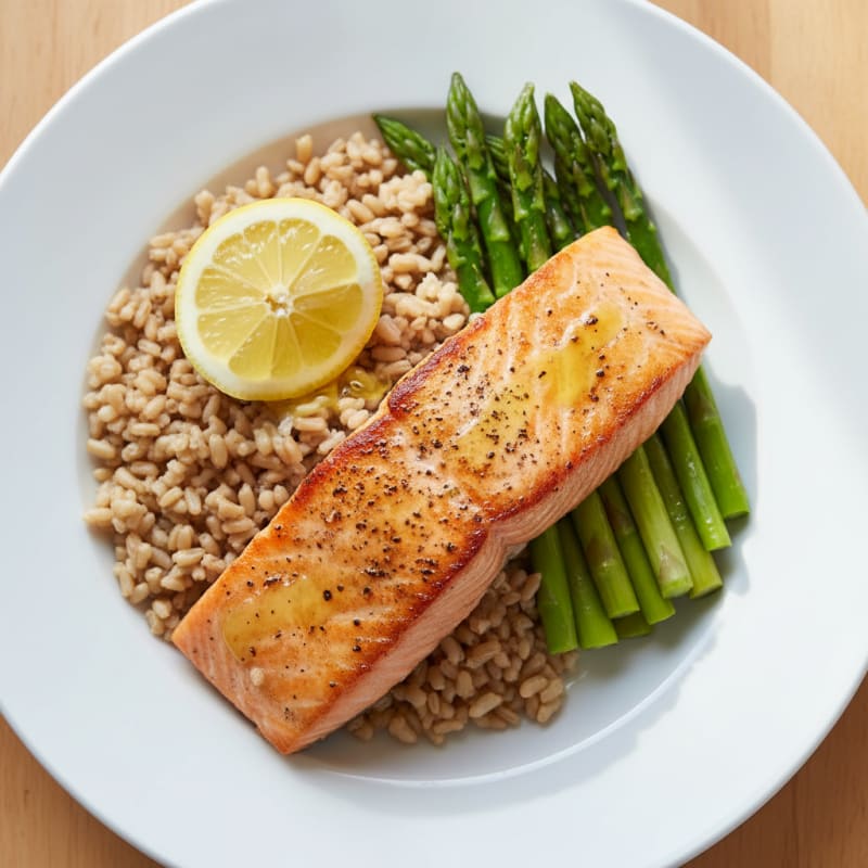 Seared Salmon Fillet with Steamed Asparagus and Brown Rice