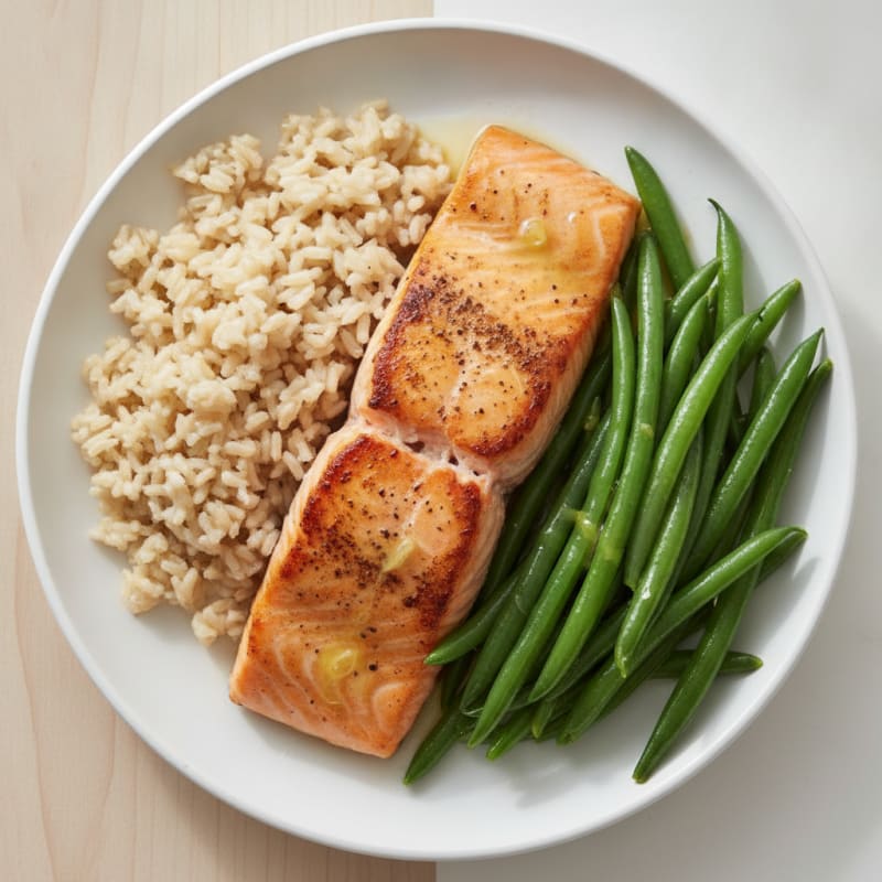 Seared Salmon Fillet with Steamed Green Beans and Brown Rice