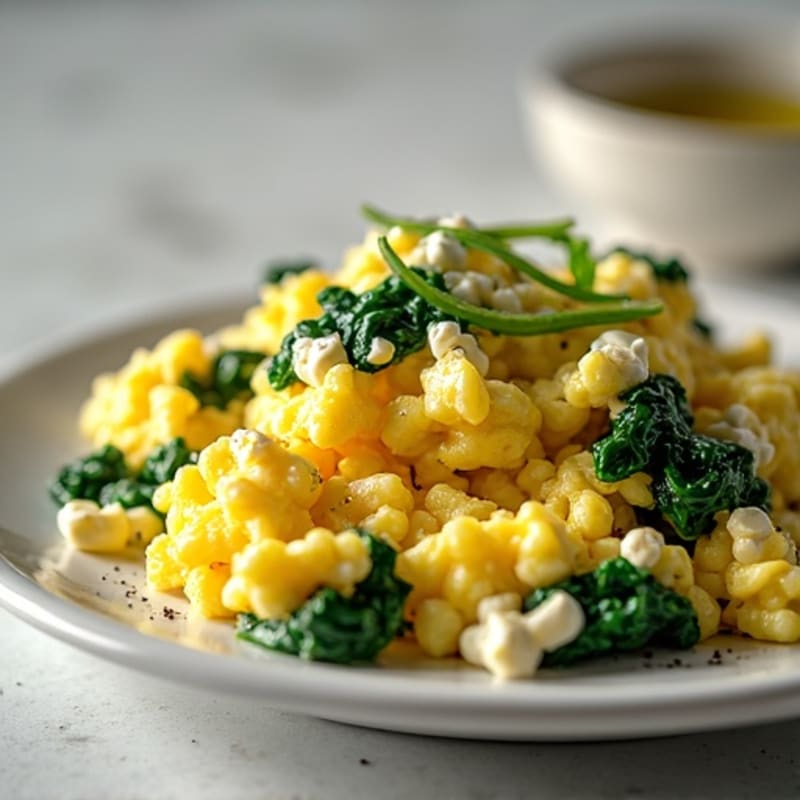 Scrambled Eggs with Cottage Cheese and Sautéed Spinach