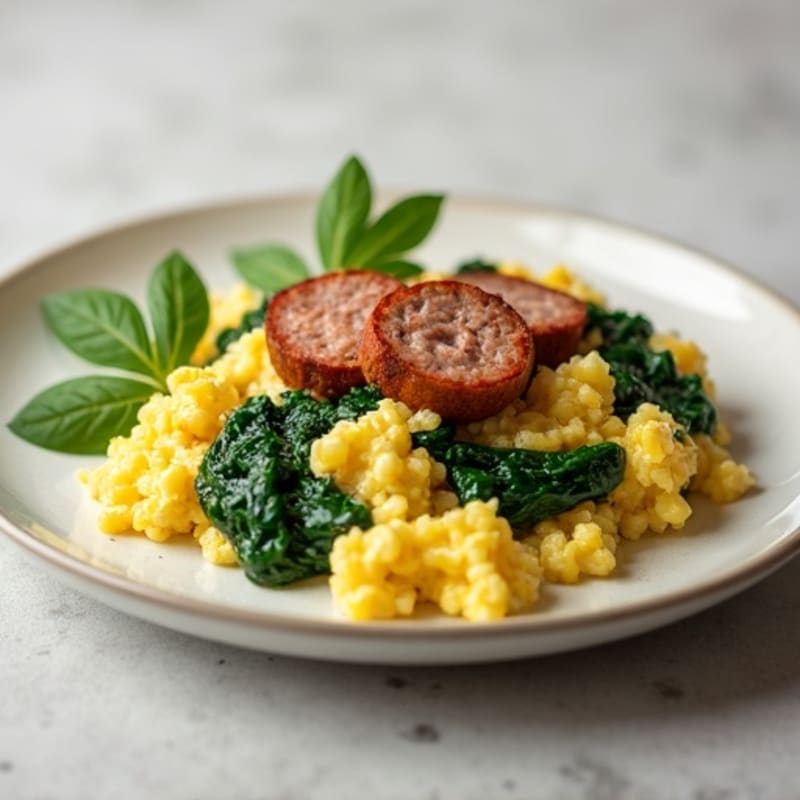 Egg White and Turkey Sausage Scramble with Sautéed Spinach
