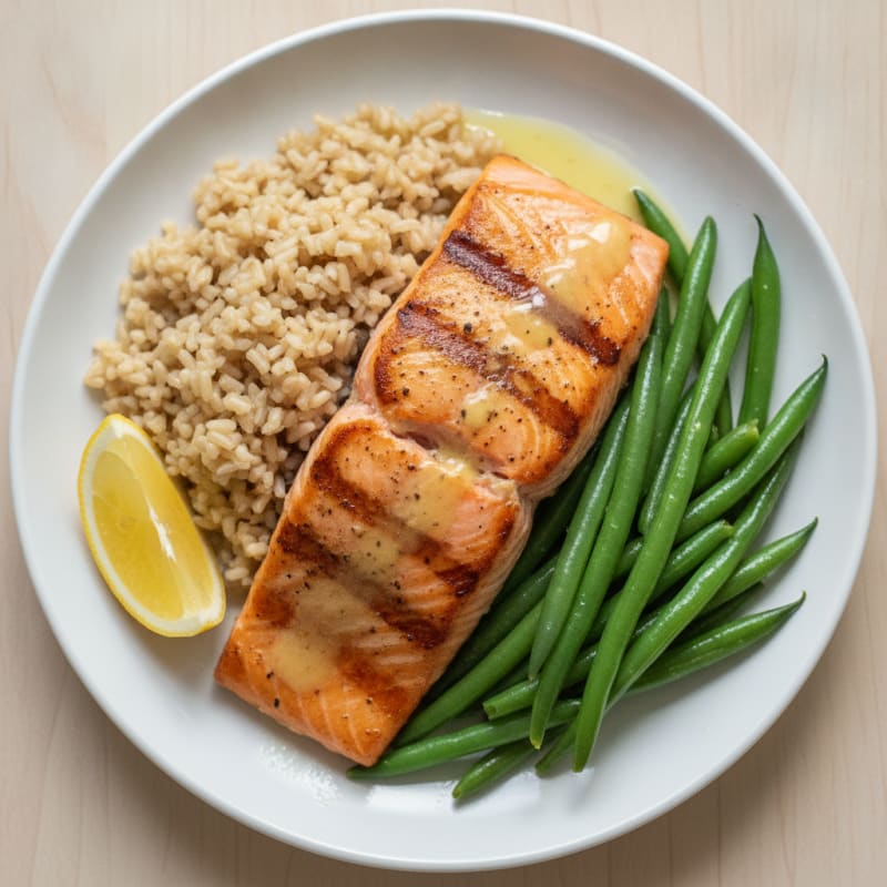 Seared Salmon Fillet with Steamed Green Beans and Brown Rice