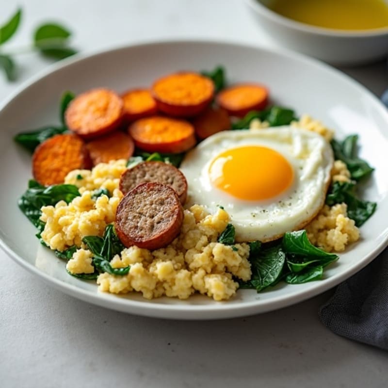 Egg White and Turkey Sausage Scramble with Spinach and Roasted Sweet Potatoes