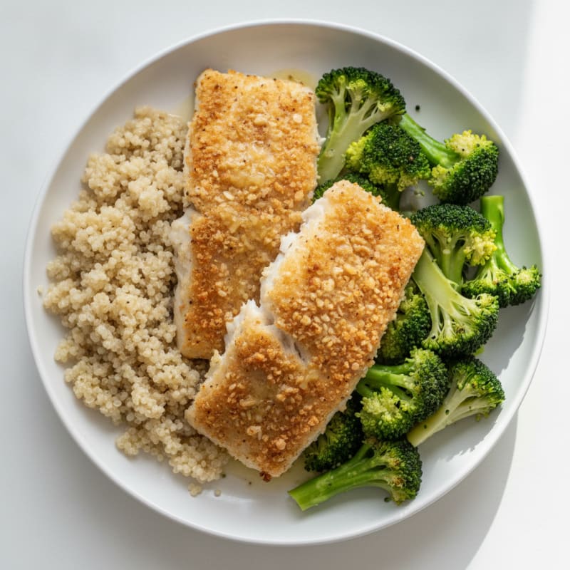 Crispy Baked Cod with Steamed Broccoli and Quinoa