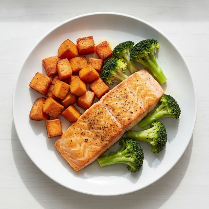 Seared Salmon with Roasted Sweet Potato and Steamed Broccoli