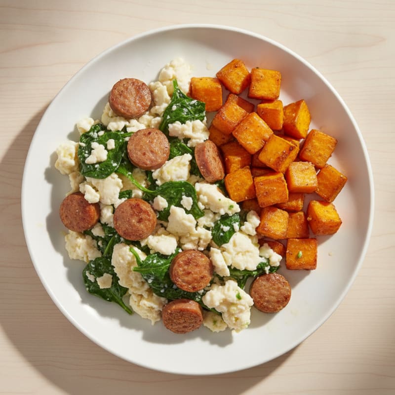 Egg White and Turkey Sausage Scramble with Spinach and Roasted Sweet Potato