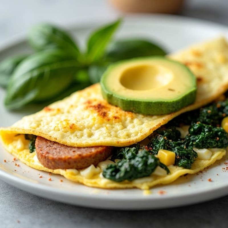 Egg White Omelet with Turkey Sausage and Sautéed Spinach