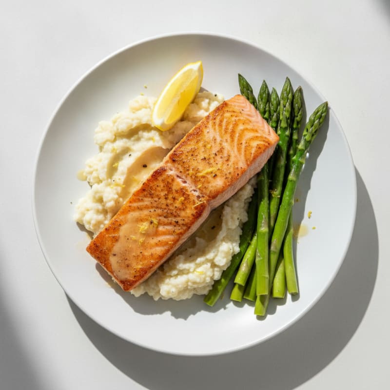Seared Salmon with Steamed Asparagus and Garlic Cauliflower Mash