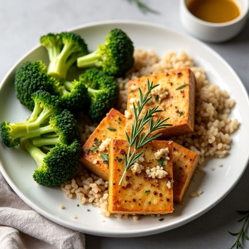 Herb-Roasted Tofu with Steamed Broccoli and Brown Rice