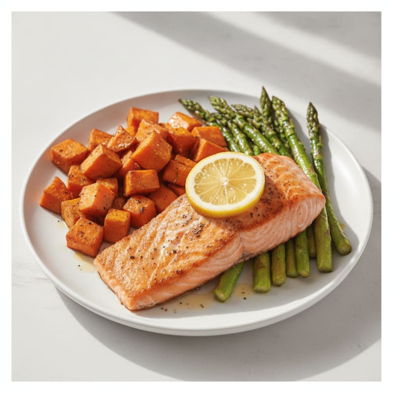 Seared Salmon Fillet with Roasted Sweet Potatoes and Asparagus