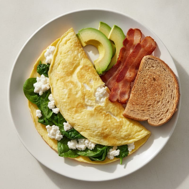 Egg White Spinach Omelet with Cottage Cheese and Turkey Bacon