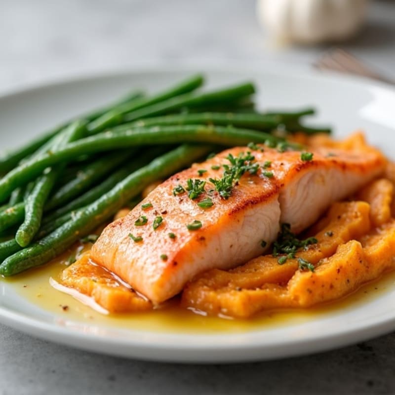 Seared Salmon with Garlic Green Beans and Sweet Potato Mash
