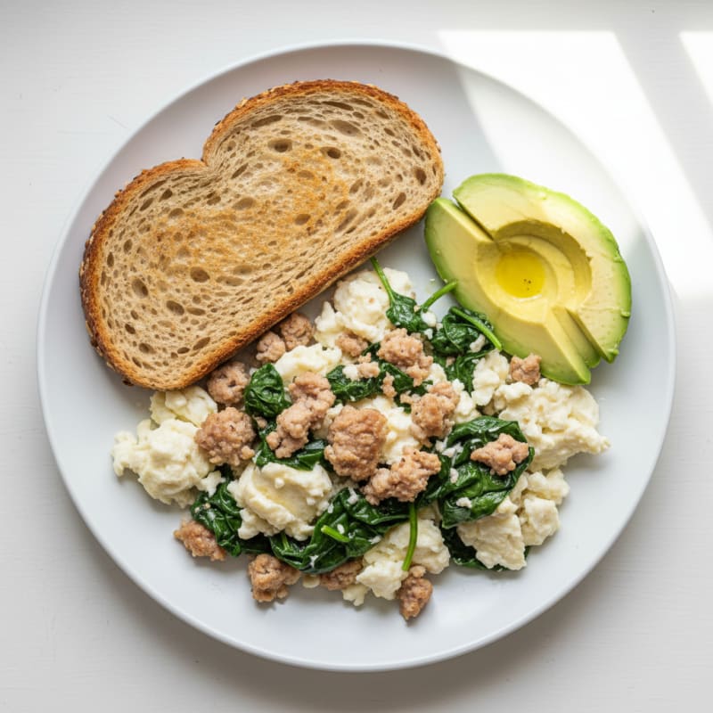 Egg White Scramble with Turkey Sausage and Sautéed Spinach