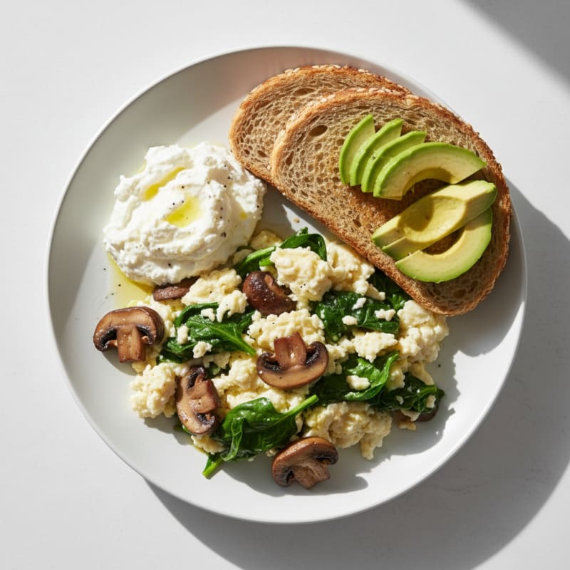 Egg White and Spinach Scramble with Cottage Cheese and Sautéed Mushrooms