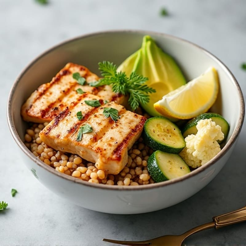 Grilled Chicken and Cod Brown Rice Bowl with Roasted Zucchini Cauliflower and Avocado