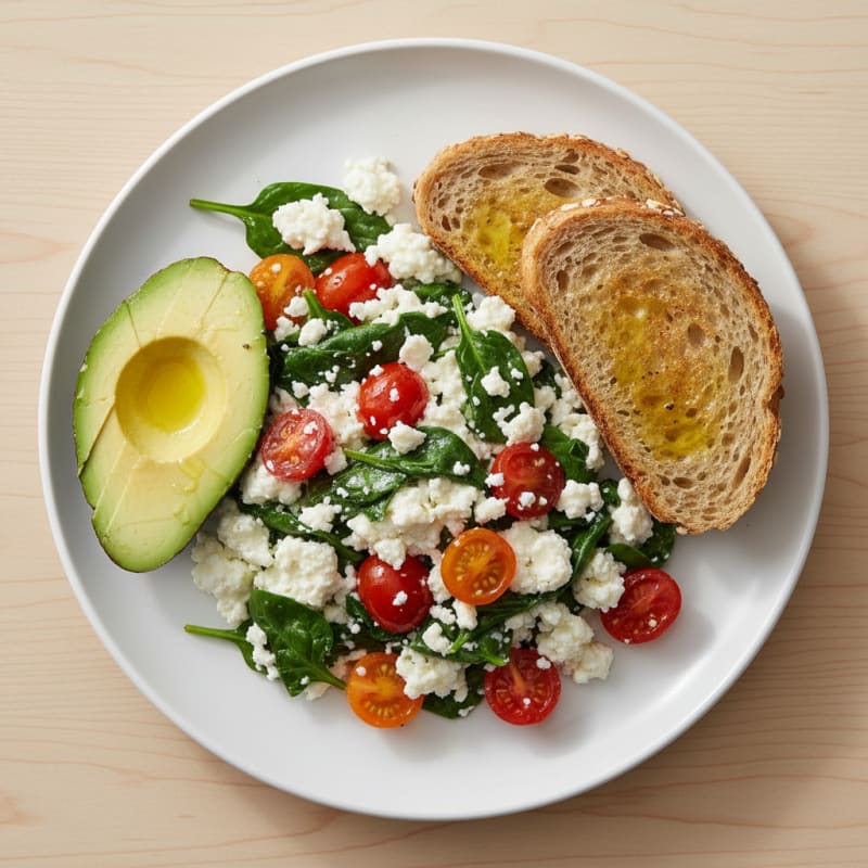 Cottage Cheese Egg White Scramble with Spinach and Cherry Tomatoes