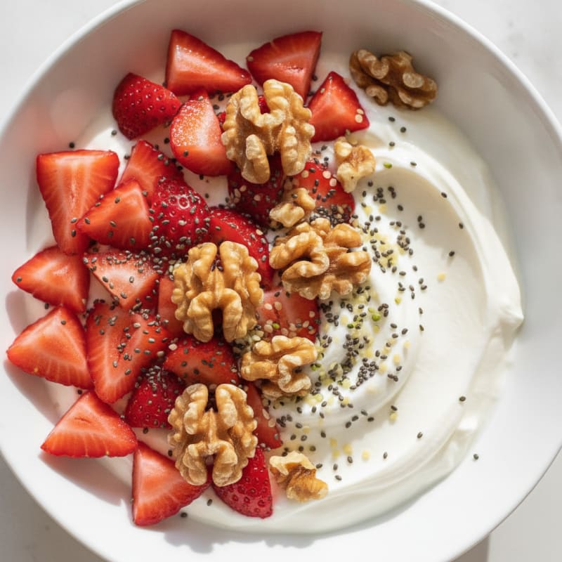 Greek Yoghurt Bowl with Sliced Strawberries and Chia Seeds