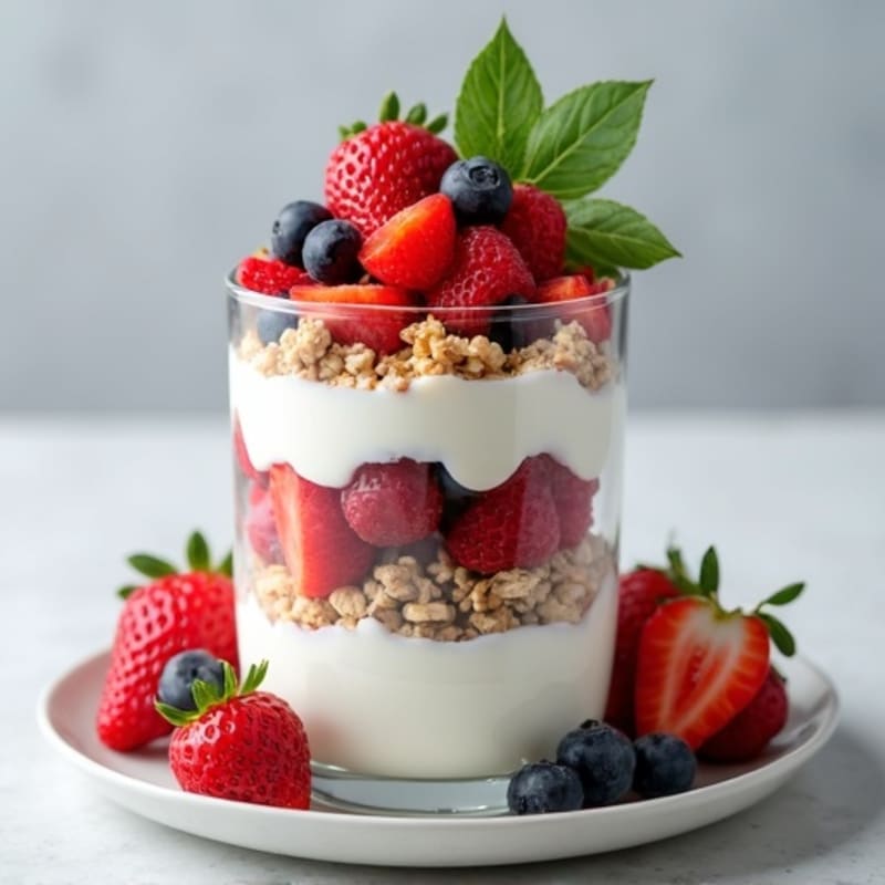 Greek Yogurt Parfait with Crunchy Almond Granola and Mixed Berries
