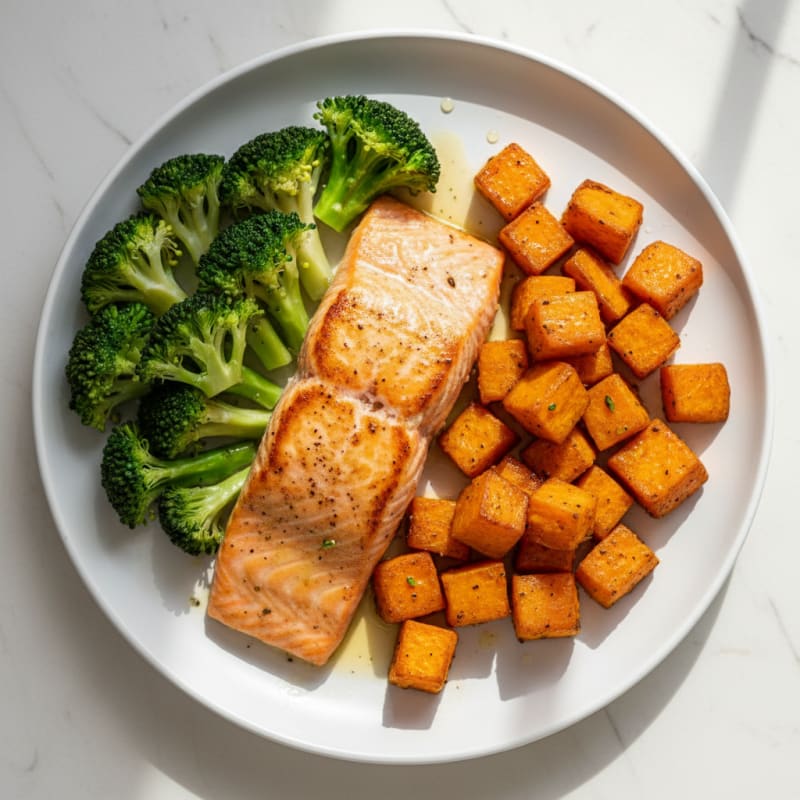 Seared Salmon with Roasted Sweet Potato and Steamed Broccoli