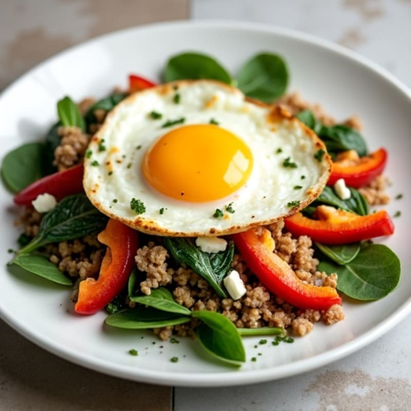 Hearty Ground Turkey and Egg Scramble with Fresh Spinach, Bell Pepper, and Feta