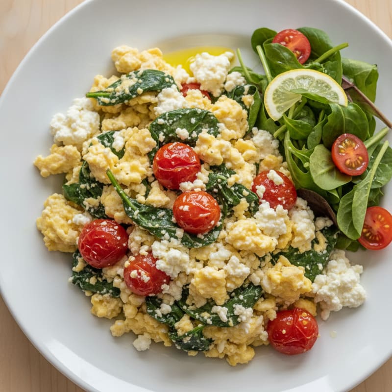Cottage Cheese Egg Scramble with Spinach and Cherry Tomatoes