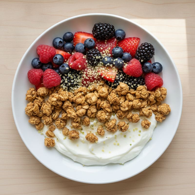 Silky Greek Yogurt Bowl with Protein Granola and Mixed Berries
