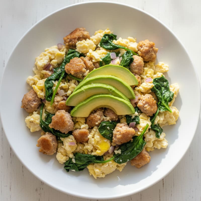 Egg White Scramble with Turkey Sausage and Sautéed Spinach