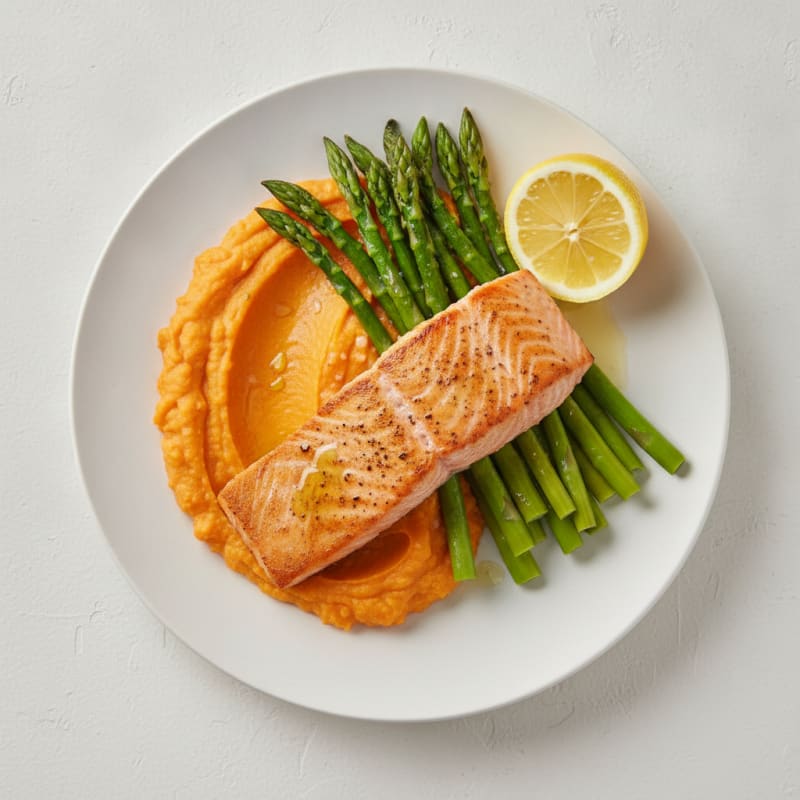 Seared Salmon with Steamed Asparagus and Sweet Potato Mash
