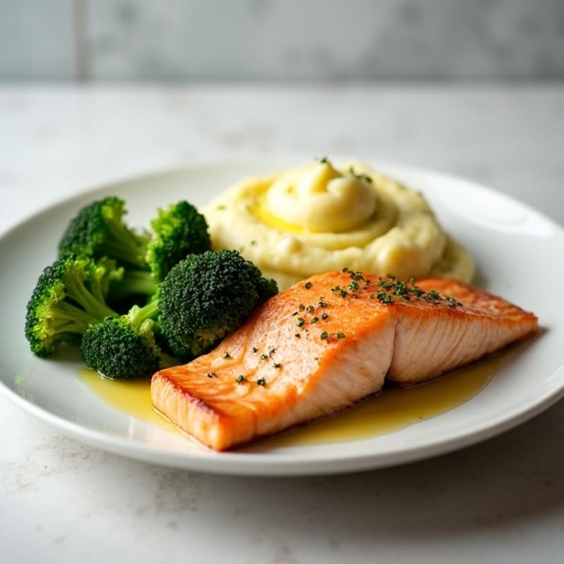 Seared Salmon Fillet with Steamed Broccoli and Garlic Mashed Potatoes