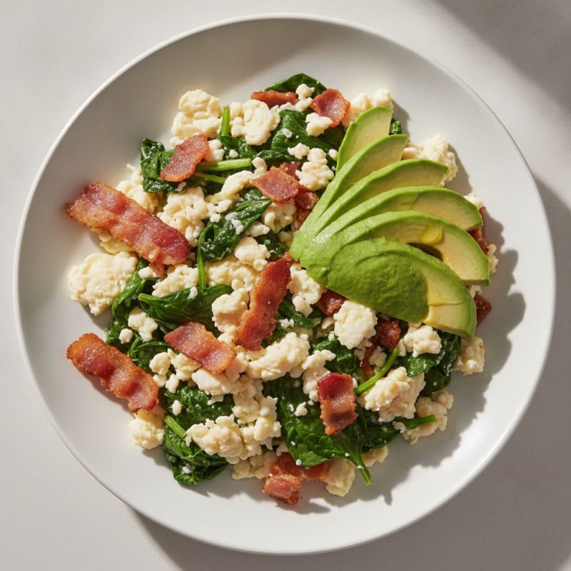 Egg White Scramble with Turkey Bacon and Sautéed Spinach