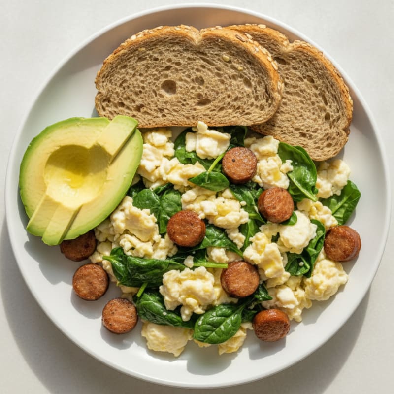 Egg White Spinach Scramble with Turkey Sausage