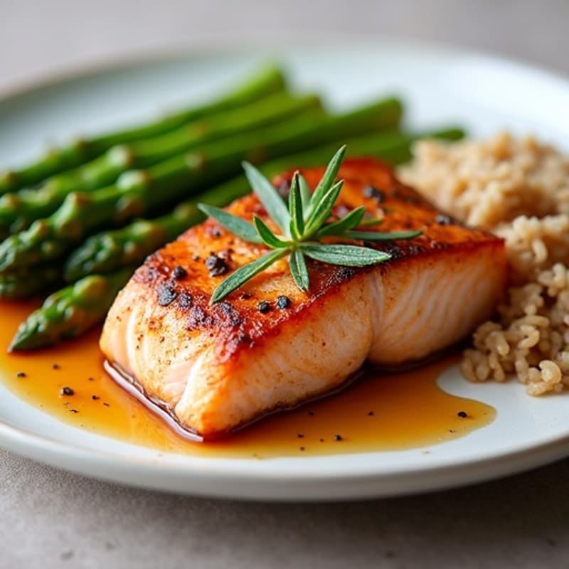 Seared Salmon with Steamed Asparagus and Brown Rice