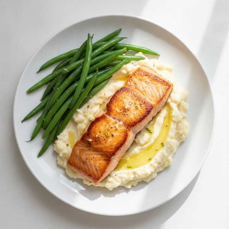 Seared Salmon Fillet with Steamed Green Beans and Garlic Mashed Cauliflower