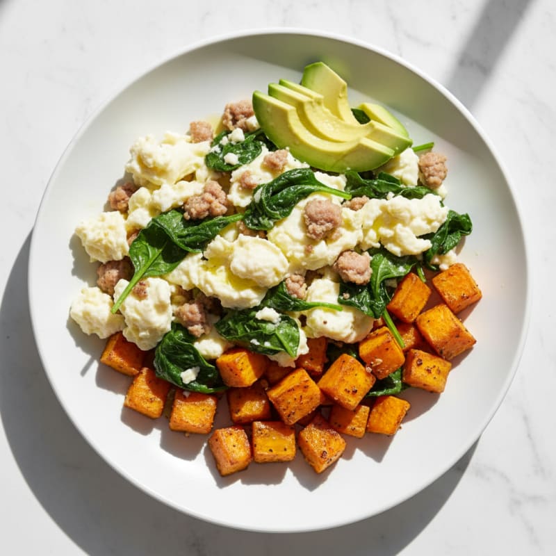 Egg White and Turkey Sausage Scramble with Spinach and Roasted Sweet Potato