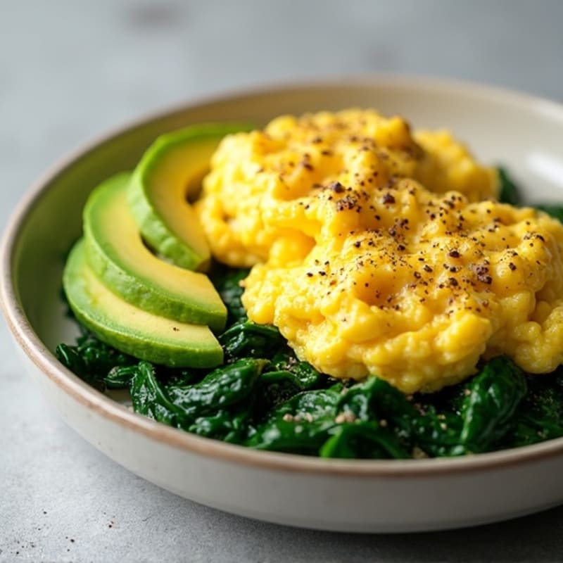 Fluffy Scrambled Eggs with Sautéed Spinach and Avocado
