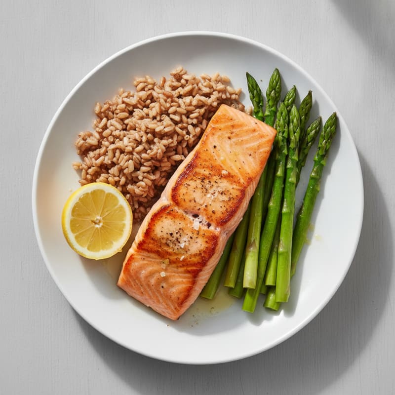 Seared Salmon Fillet with Steamed Asparagus and Brown Rice