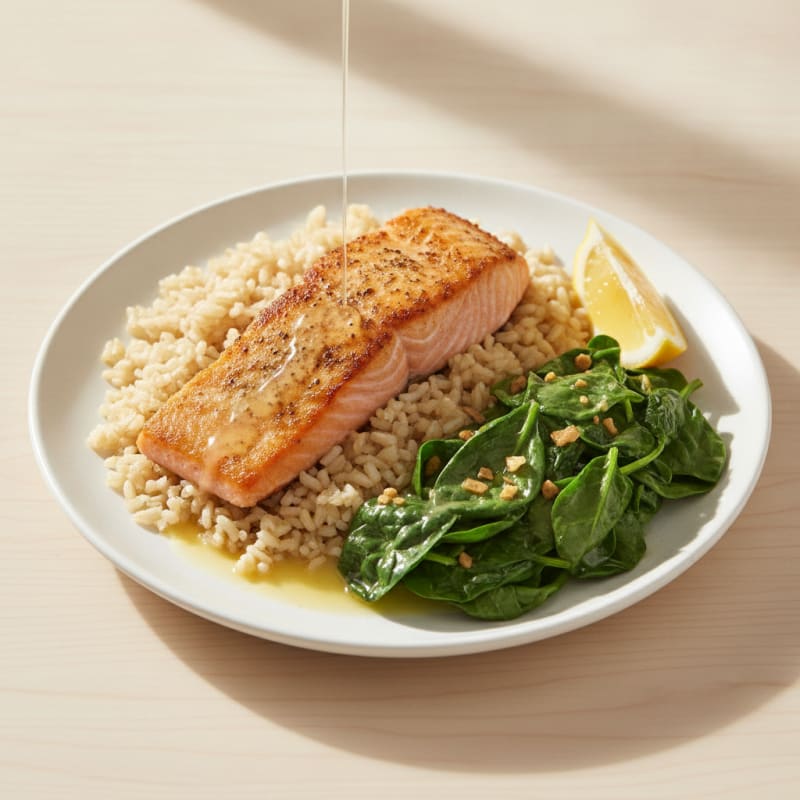 Seared Salmon Fillet with Garlic Spinach and Brown Rice