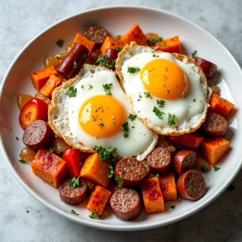 Turkey Sausage and Sweet Potato Hash with Crispy Eggs