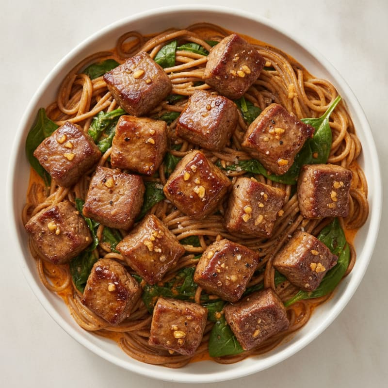 Honey Garlic Steak Bites with Creamy Gochujang Noodles