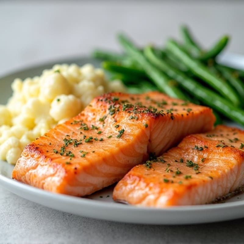Seared Salmon Fillet with Steamed Green Beans and Garlic Mashed Cauliflower