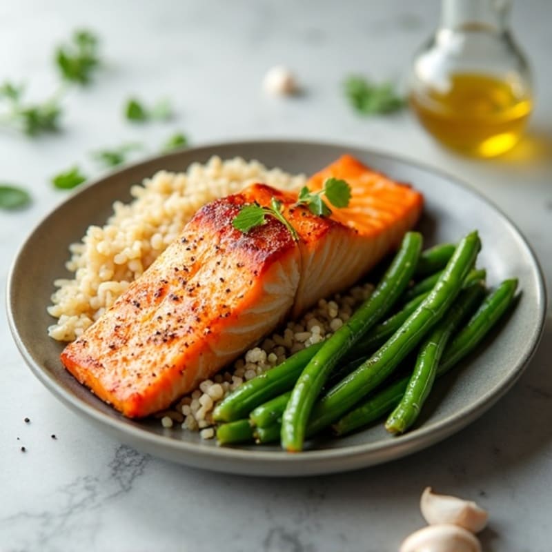 Seared Salmon with Garlic Green Beans and Brown Rice