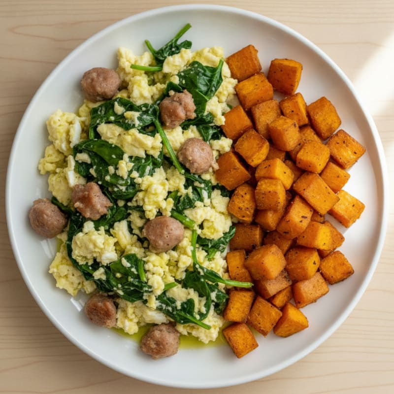 Egg White and Turkey Sausage Scramble with Spinach and Roasted Sweet Potatoes