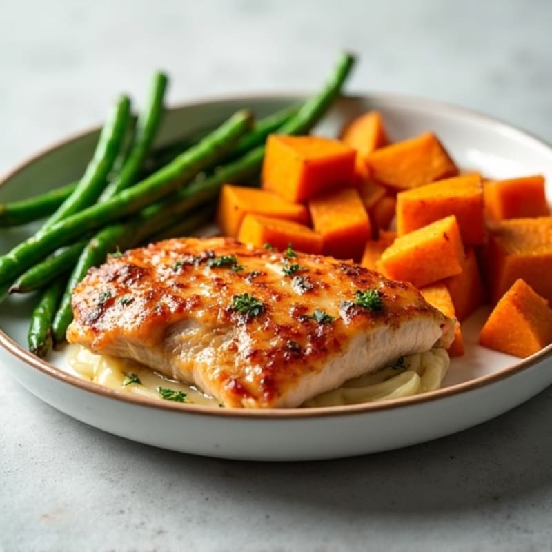 Maple Glazed Chicken and Roasted Sweet Potatoes with Crispy Green Beans