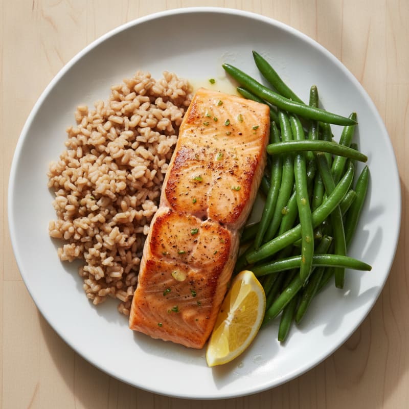 Seared Salmon Fillet with Steamed Green Beans and Brown Rice