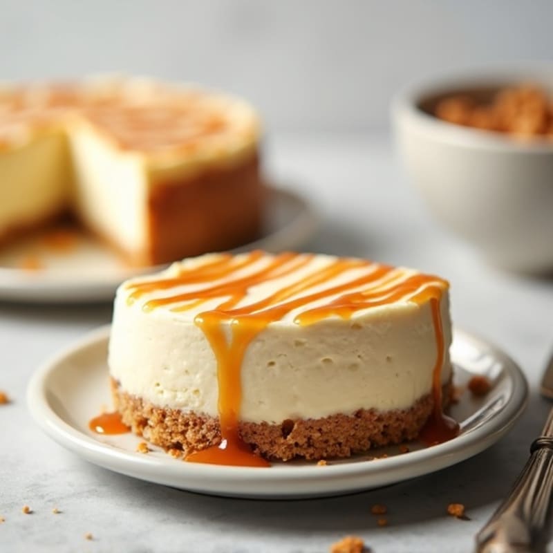 Greek Yogurt Vanilla Bean Cheesecake with Date Caramel Drizzle