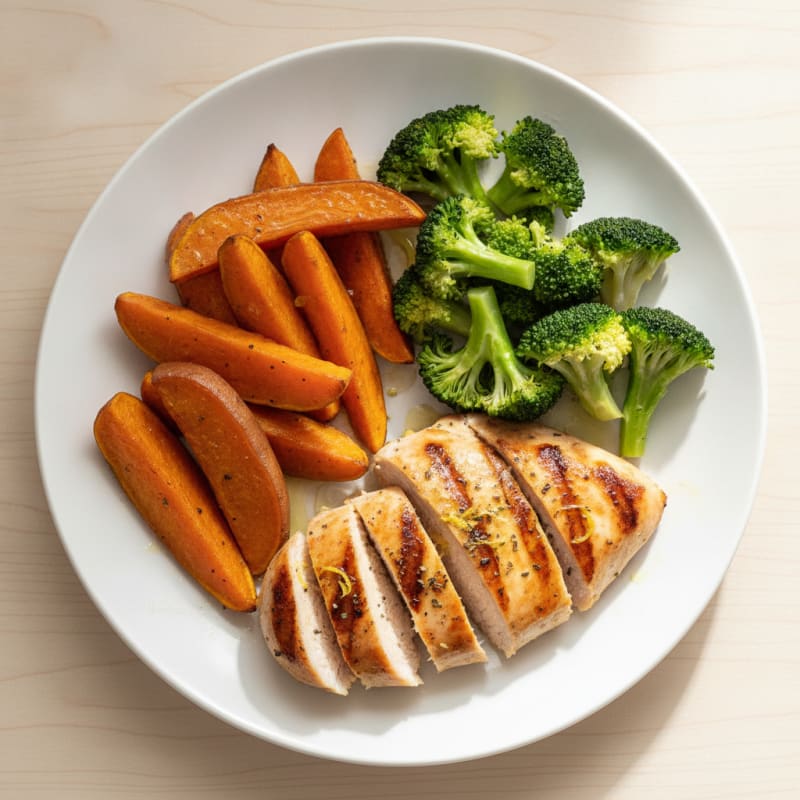 Grilled Chicken Breast with Roasted Sweet Potato and Steamed Broccoli