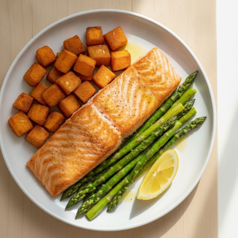 Seared Salmon Fillet with Roasted Sweet Potato and Asparagus