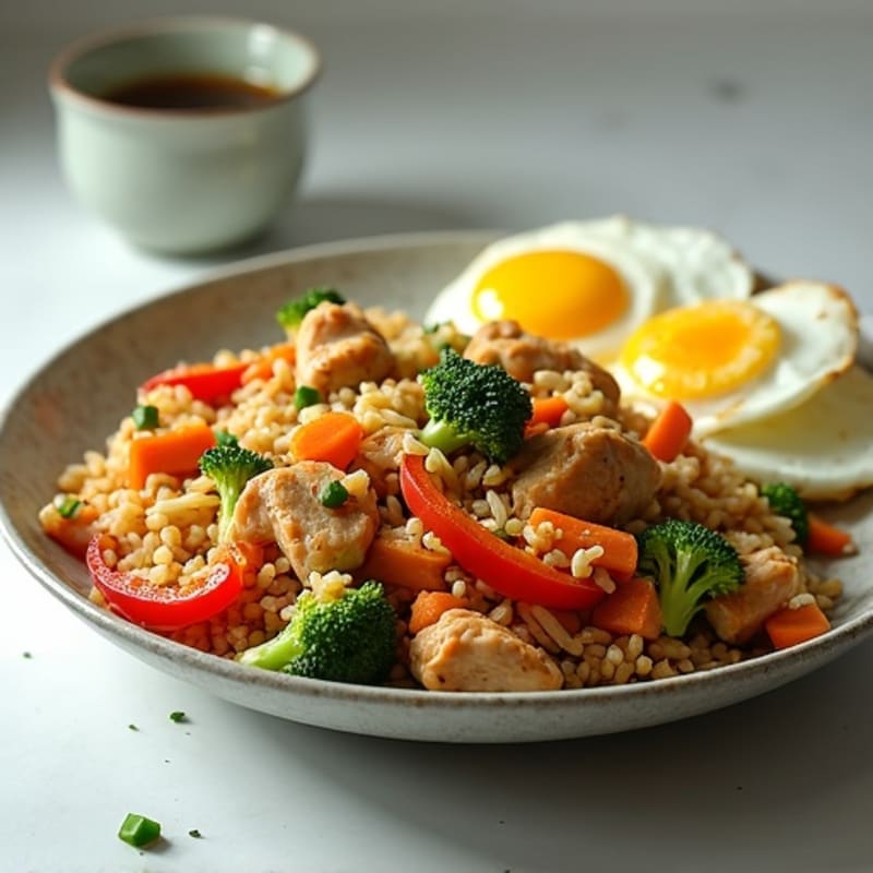 Chicken and Egg Brown Rice Stir-Fry with Crisp Vegetables
