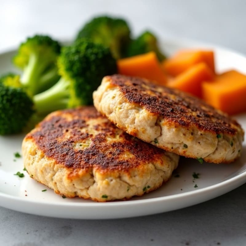 Seared Turkey Patties with Roasted Broccoli and Sweet Potato