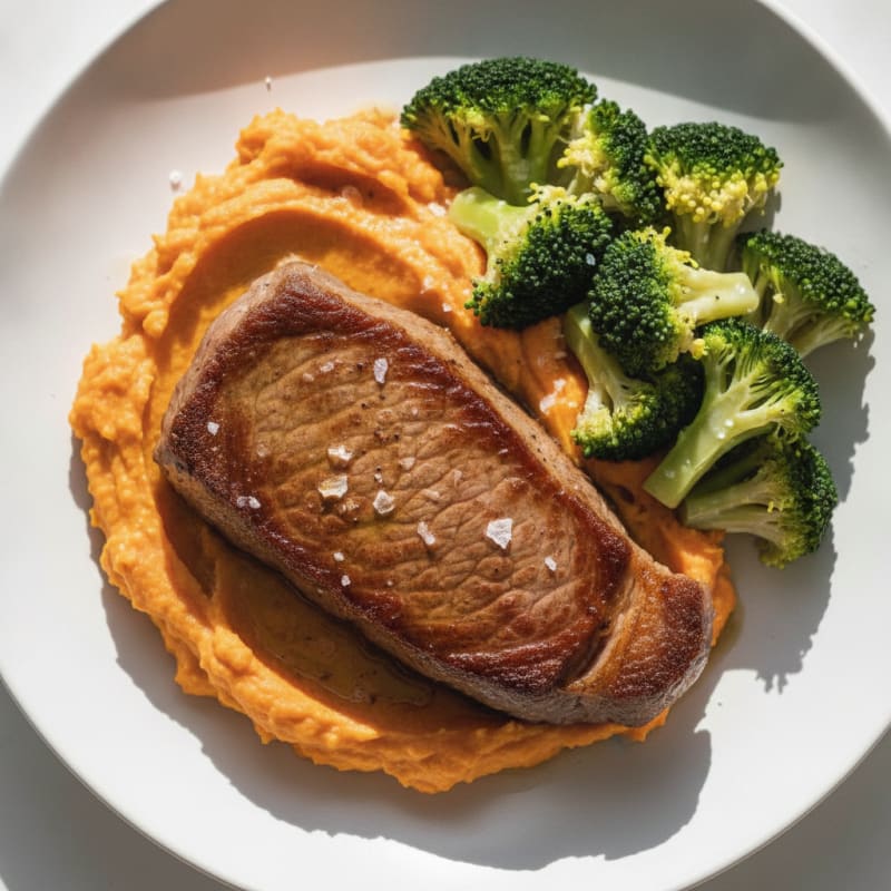 Seared Sirloin with Sweet Potato Mash and Steamed Broccoli
